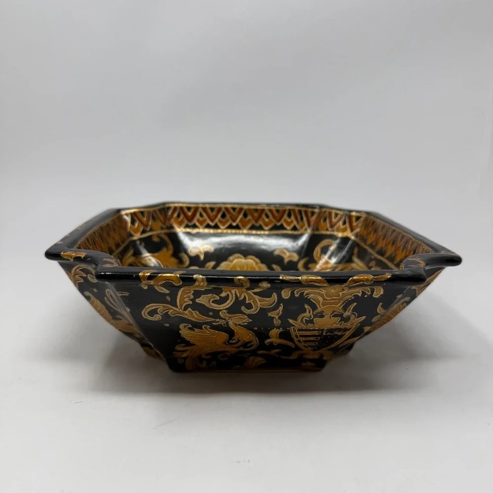 Vintage Bowl Black Gold Heraldic French Phoenix Crest‎ Square Chinoiserie 8